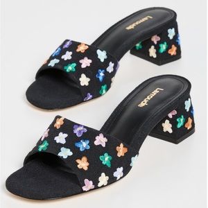 Larroude Brigitte floral embroidery black canvas mules sz 9 excellent condition